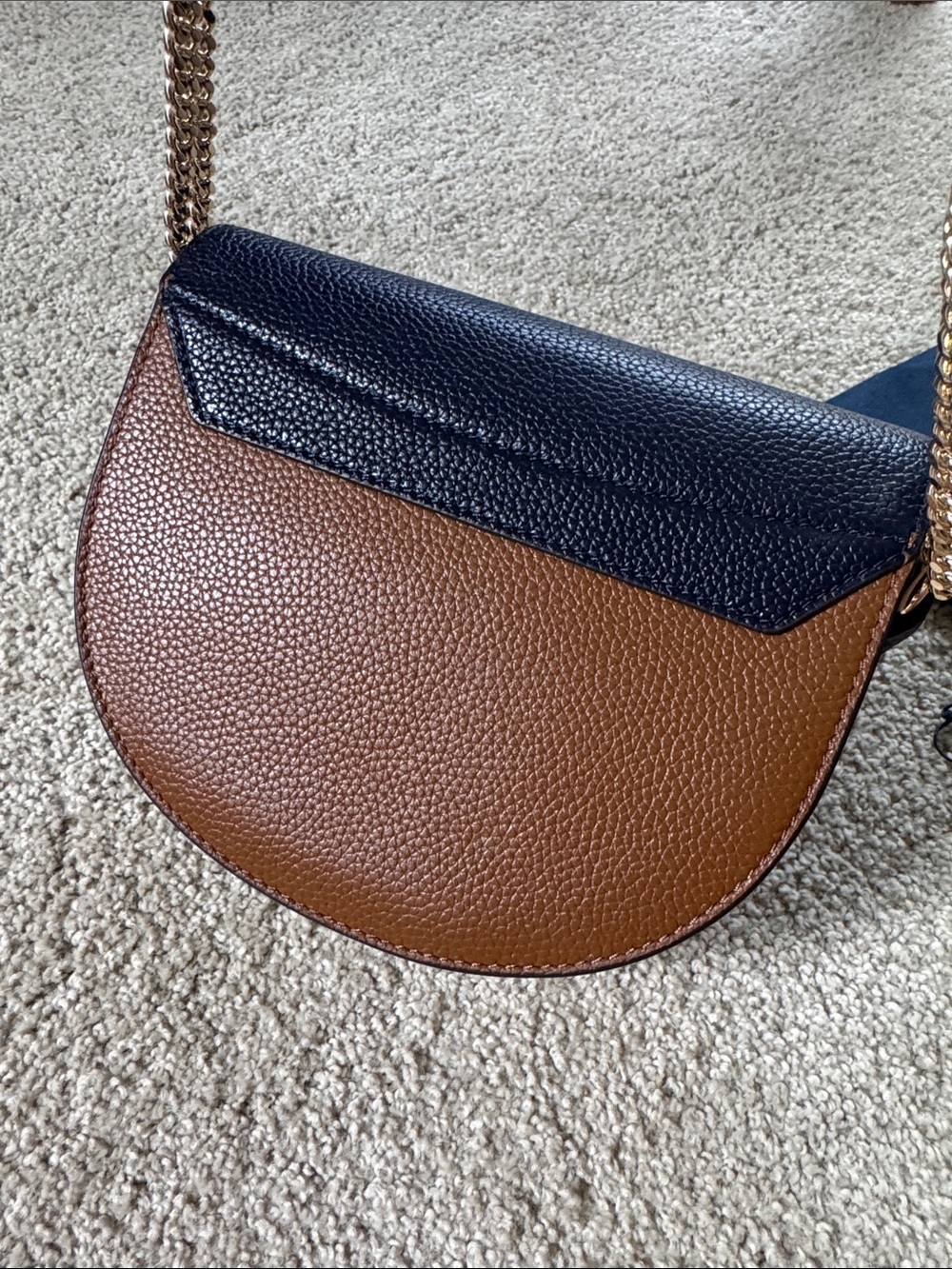 Cole Haan Navy and Brown Pebbled Leather Crossbody with Gold Chain - Picture 7 of 14